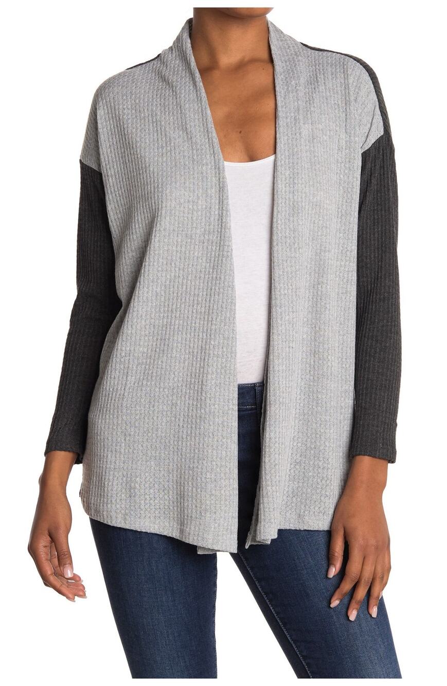 Bobeau Open Front Waffle Knit Long Sleeve Cardigan Sweater Gray Charcoal S NWT